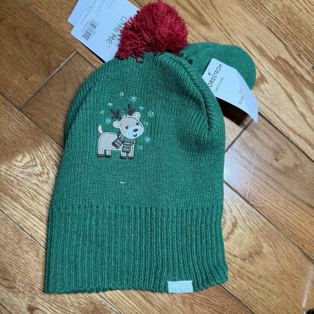 Little Me Reindeer Knit Hat 12-24M Green Red Pom Christmas Winter Beanie New NWT